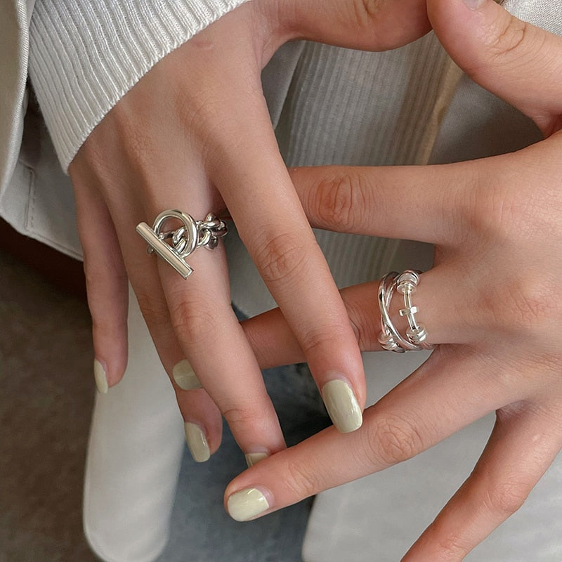 XIYANIKE Unique OT Buckle Chain Fashion Multi-layer Cross Round Silver Ring