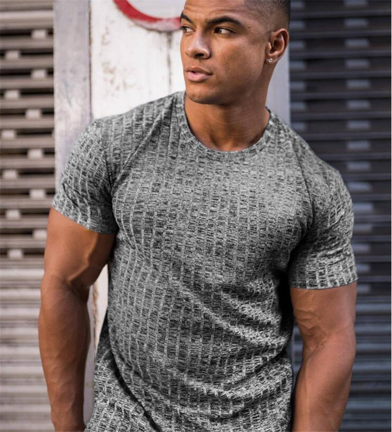 Men V Neck Short Sleeve T Shirt Fitness Slim Fit Sports Strips T-shirt