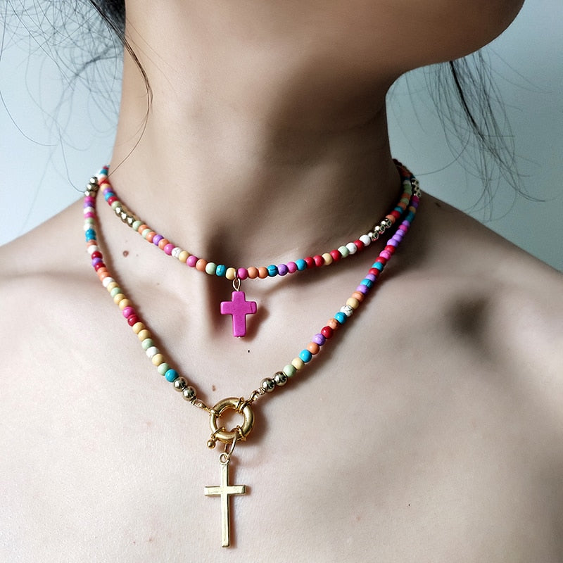 MOON GIRL 85cm Long Double Layer Cross Pendant Necklace