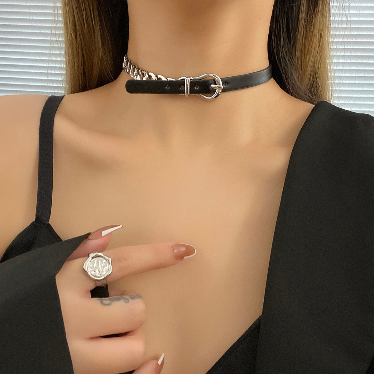 Amorcome Women Punk PU Leather Choker Chain Collar Necklace