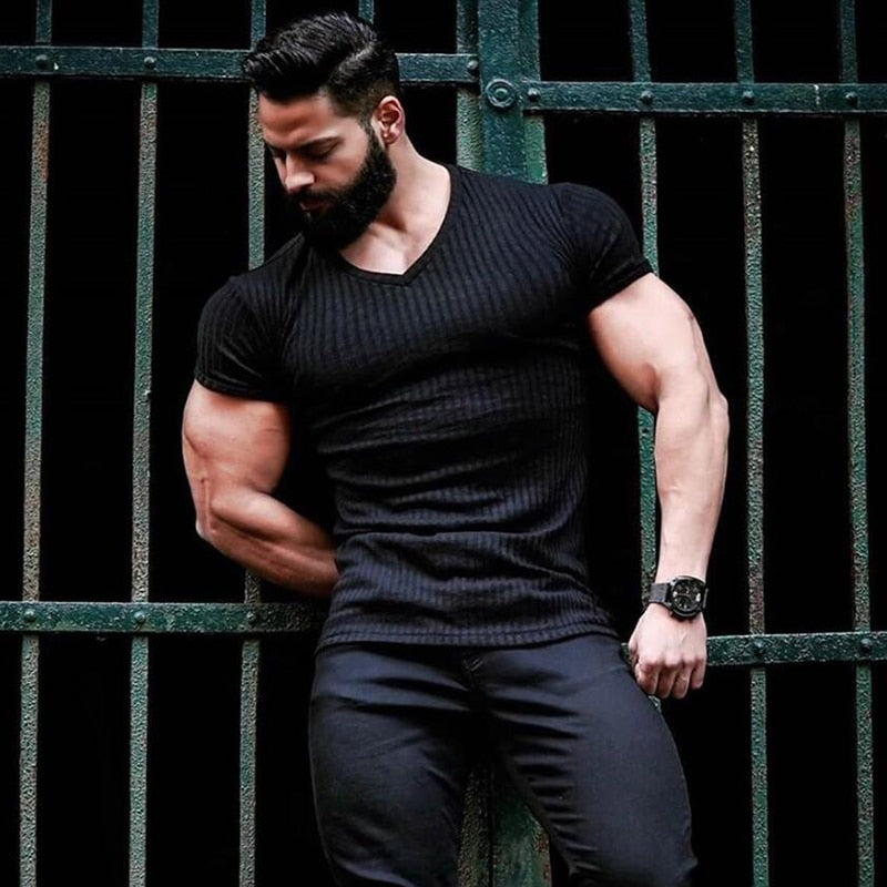 Men V Neck Short Sleeve T Shirt Fitness Slim Fit Sports Strips T-shirt