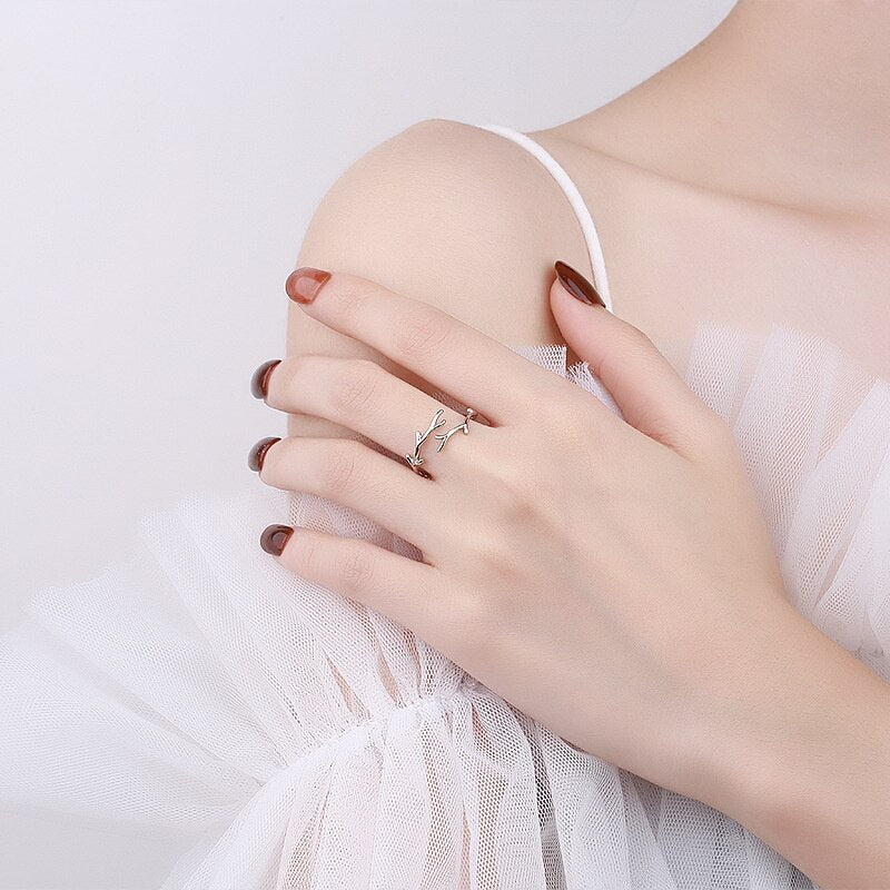 QMCOCO Simple Branch Leaf Thin Ring Silver Color Open Adjustable