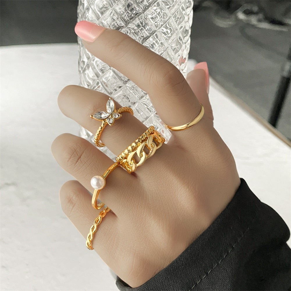 FNIO Bohemian Gold Color Chain Rings Set
