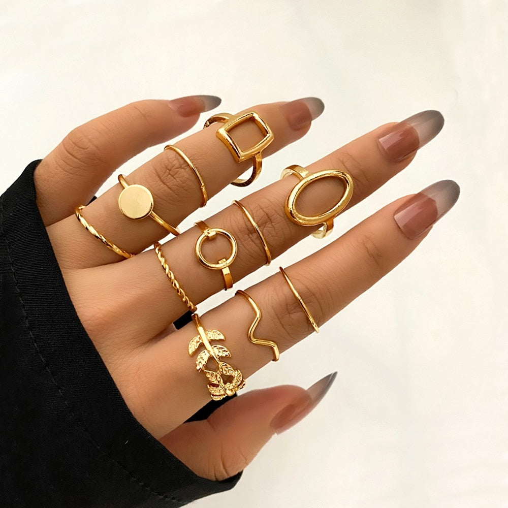 FNIO Bohemian Gold Color Chain Rings Set