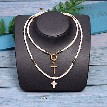 MOON GIRL 85cm Long Double Layer Cross Pendant Necklace