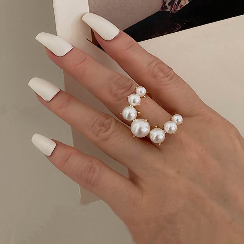 Fashion Big Geometric Pearl Paved Adjustable Ring