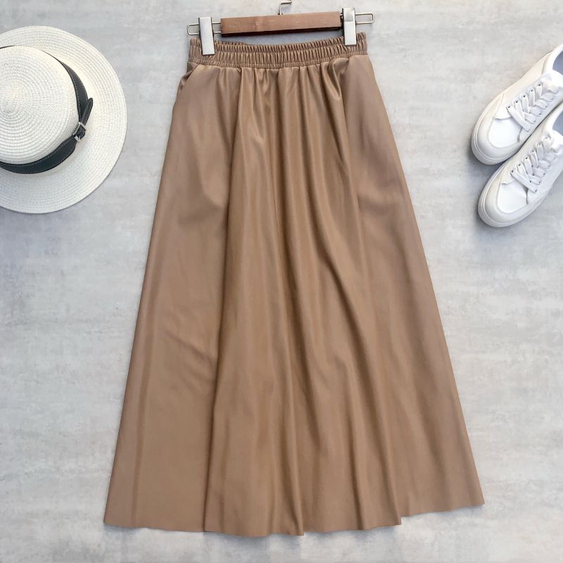 Neophil 80cm Women Leather Elastic Waist A-Line Flare Long Skirt