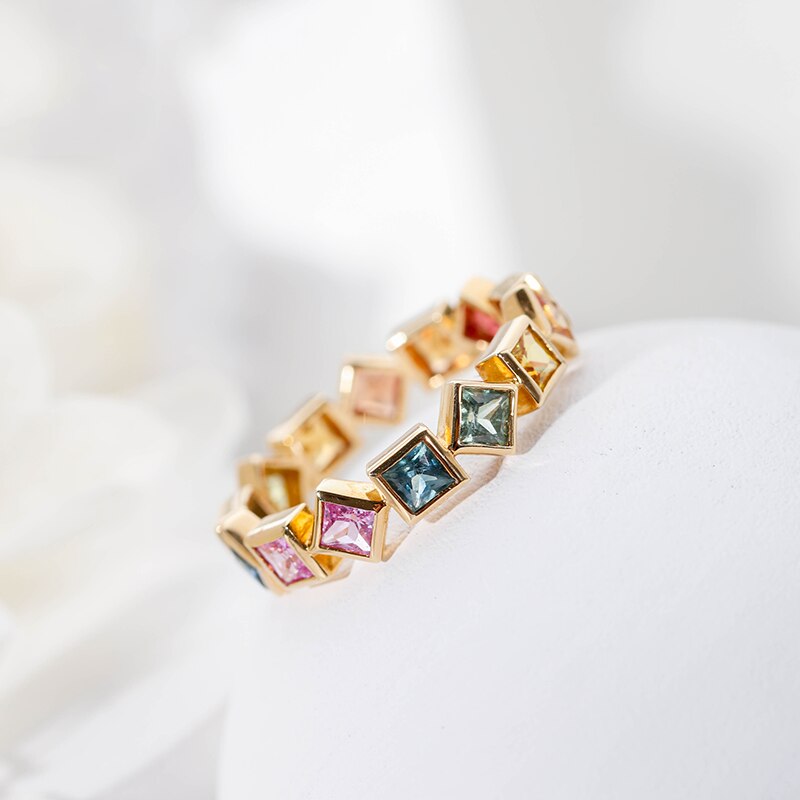 Luxury Female Rainbow Crystal Stone Promise Square Ring
