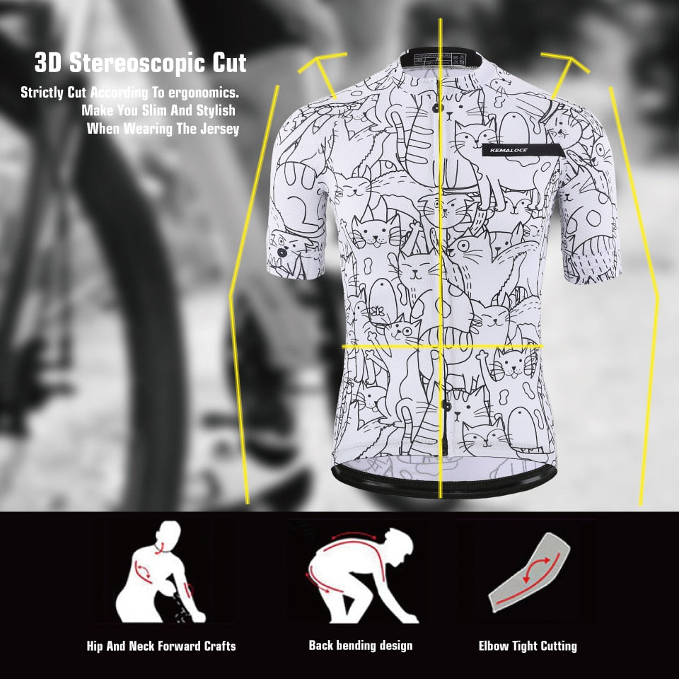 KEMALOCE Breathable Unisex White Cartoon Cat Cycling Jersey Spring