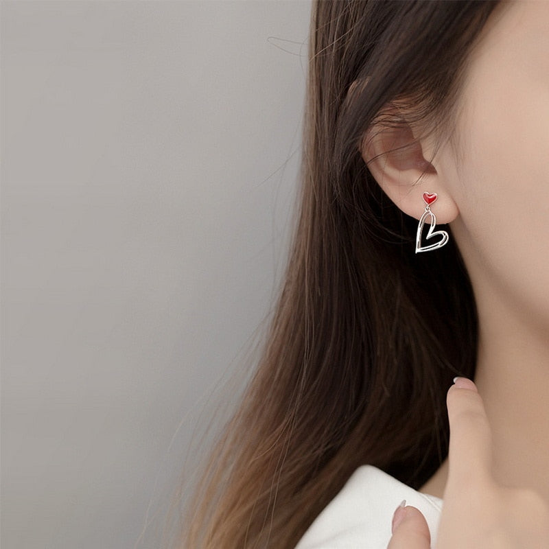 Asymmetric Heart Stud Hollow ECG Tassel Zircon Pearl Earrings