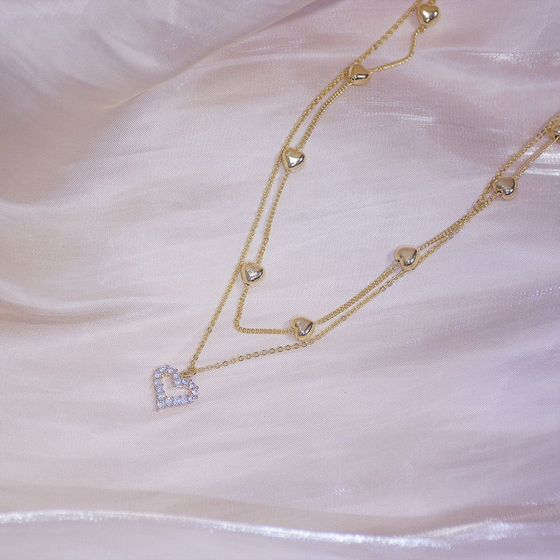 Shiny Bling Zircon Double Layer Heart Clavicle Chain  Necklace
