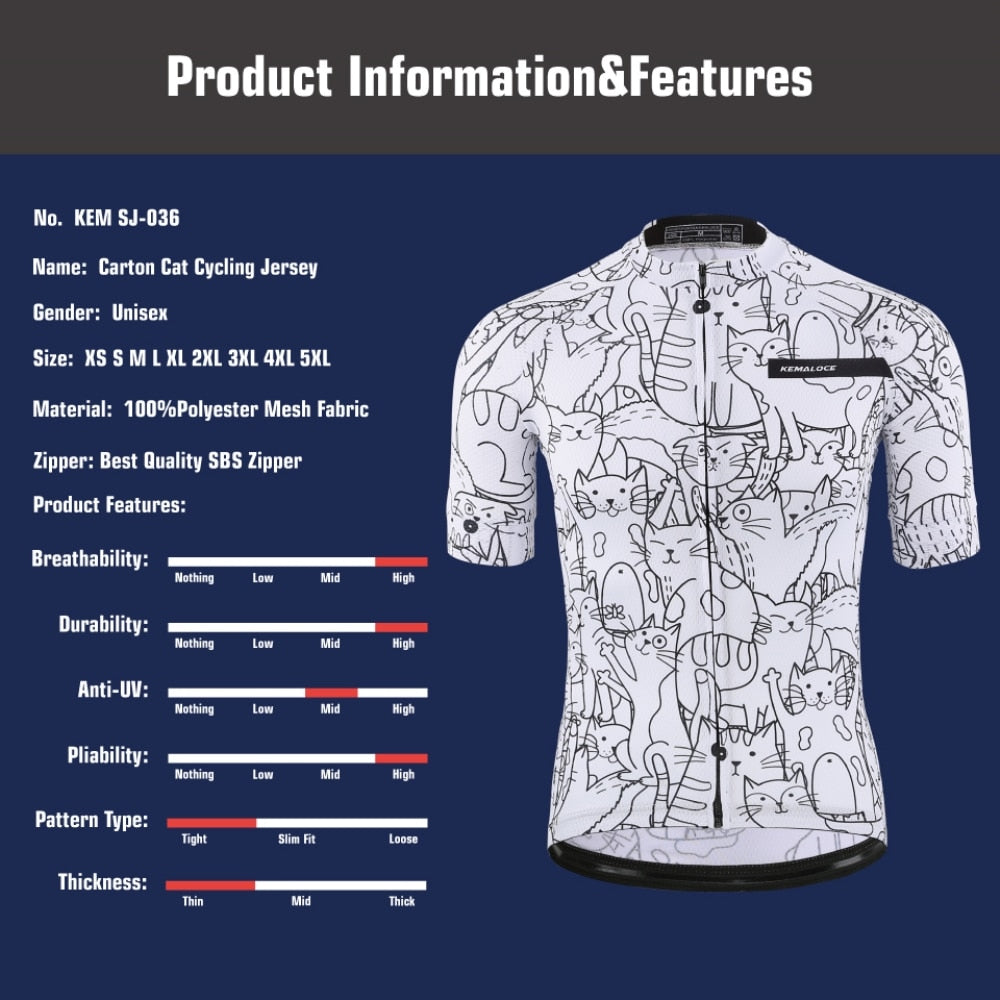 KEMALOCE Breathable Unisex White Cartoon Cat Cycling Jersey Spring