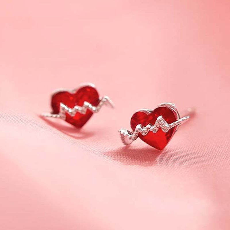Asymmetric Heart Stud Hollow ECG Tassel Zircon Pearl Earrings