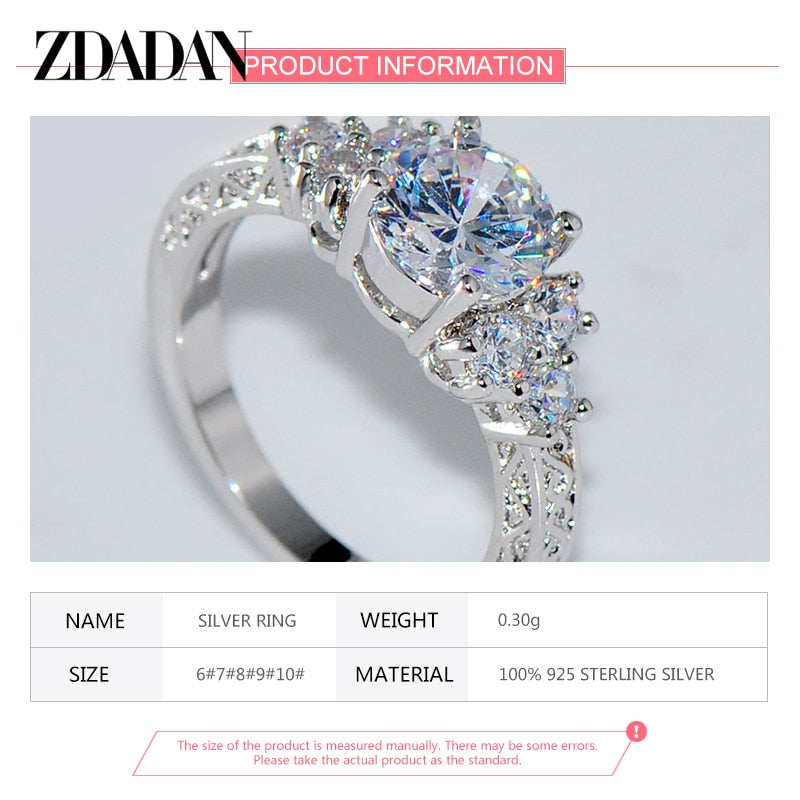 ZDADAN 925 Sterling Silver 8MM Zircon Finger Ring