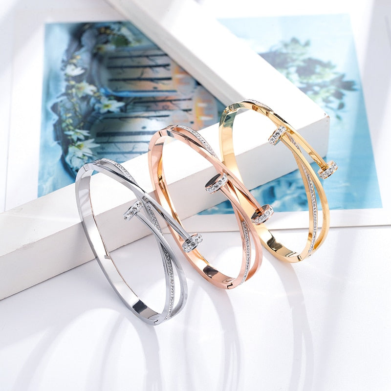 New Unique Double Crystal Nail Head Cross Stainless Steel Bracelet