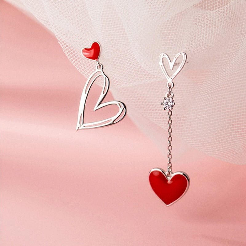 Asymmetric Heart Stud Hollow ECG Tassel Zircon Pearl Earrings