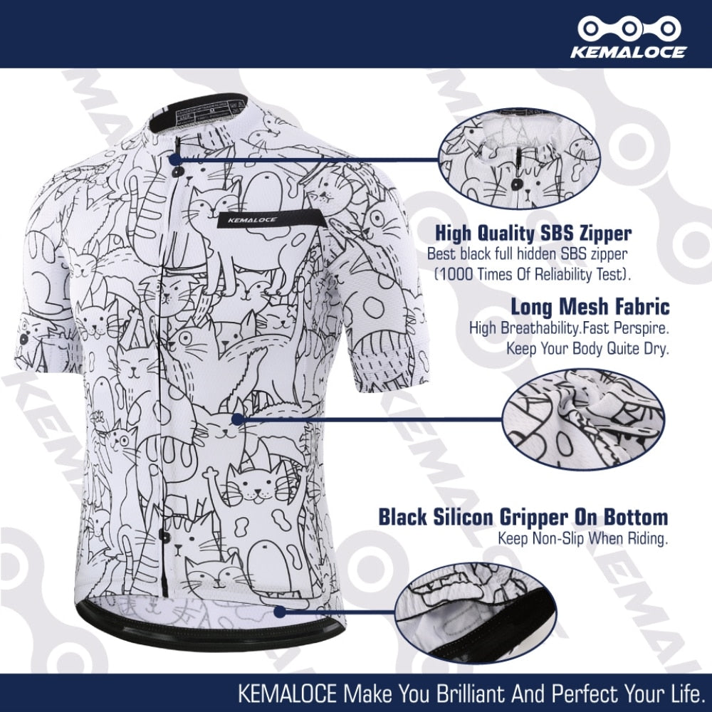 KEMALOCE Breathable Unisex White Cartoon Cat Cycling Jersey Spring