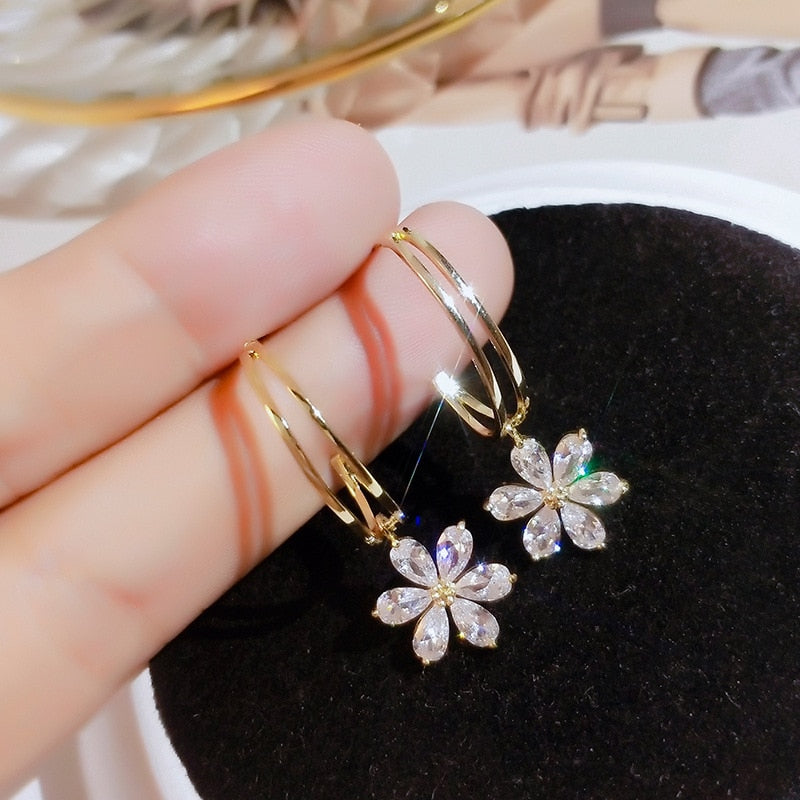 Korea Flower Crystal Temperament Geometric Shiny Zircon Earrings