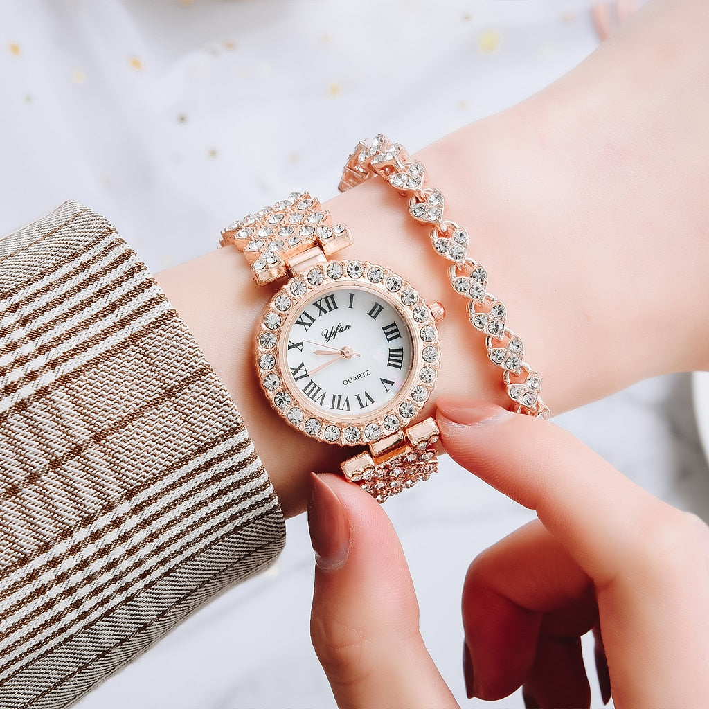 Luxury Women Rose Gold Quartz Diamond Watch