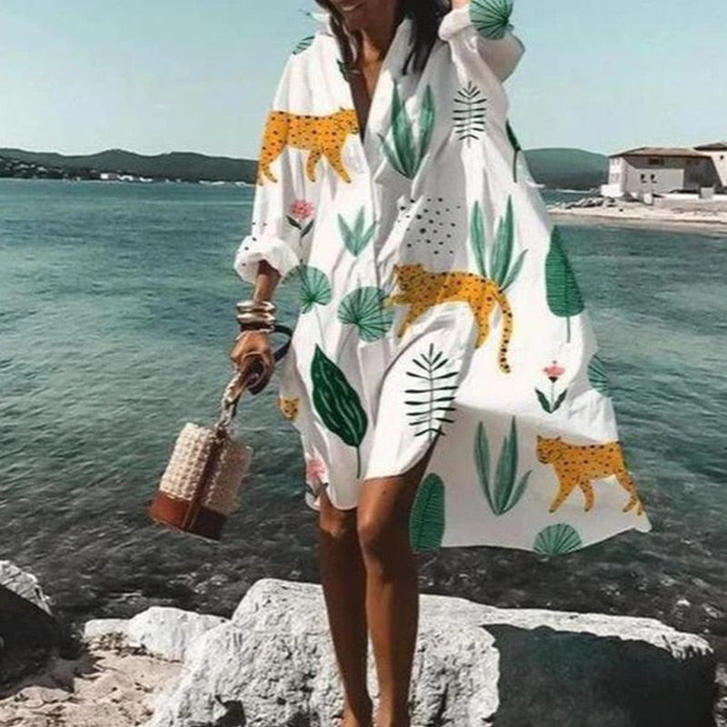 Summer Women Dresses Turn-down Collar Print Casual Long Sleeve Shirt Dress Oversized Loose Beach