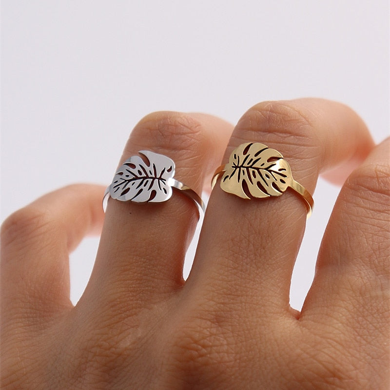 Tropical Leaf Gold Palm Leaf Stainless Steel Rings