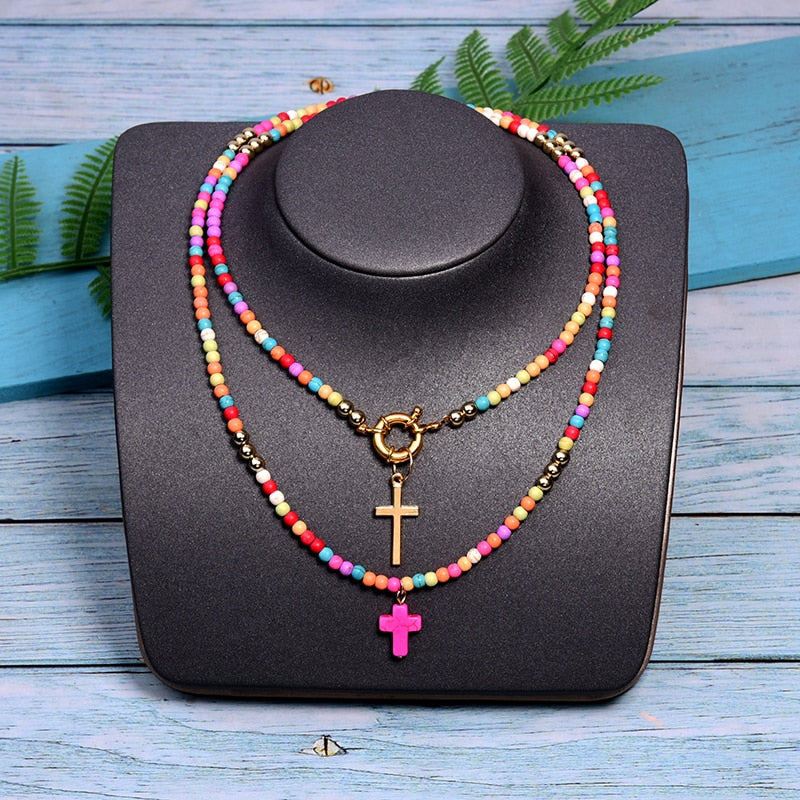 MOON GIRL 85cm Long Double Layer Cross Pendant Necklace