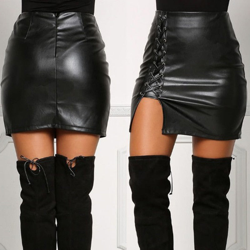Above Knee Black PU Leather High Waist Bodycon Front Split Mini Skirt