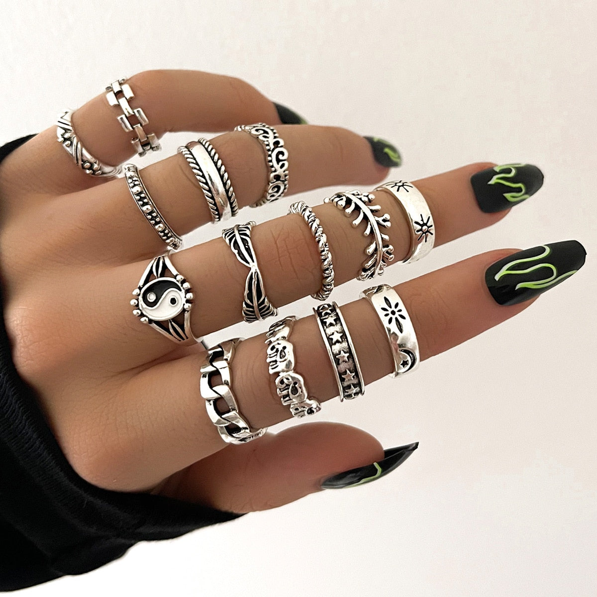 14 Pcs/Set Neo-Gothic Mixed Feather Elephant Star Moon Sun Ring