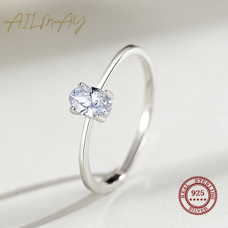 Ailmay Real 925 Sterling Silver Simple Oval Zirconia Ring
