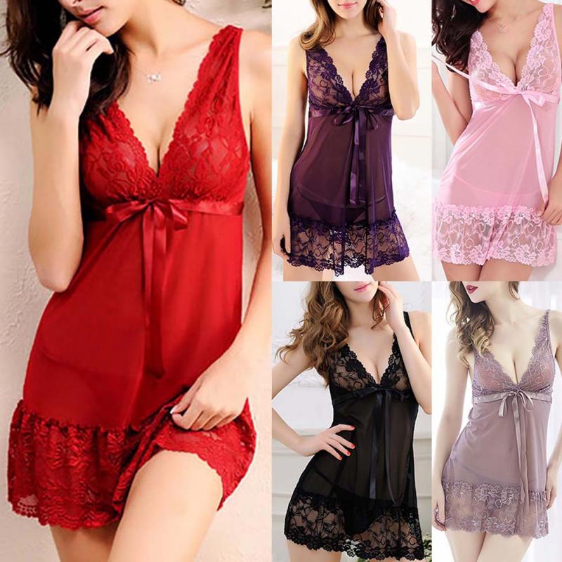 Women Sexy Nightwear Size M-XXL Lace Nightgown Sleepwear Dress G-String Sexy Lingerie Robe (FITS SMALLER THAN USUAL)