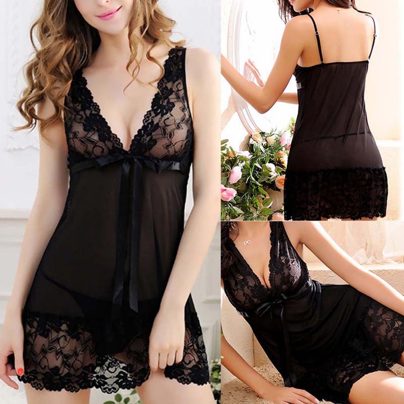 Women Sexy Nightwear Size M-XXL Lace Nightgown Sleepwear Dress G-String Sexy Lingerie Robe (FITS SMALLER THAN USUAL)
