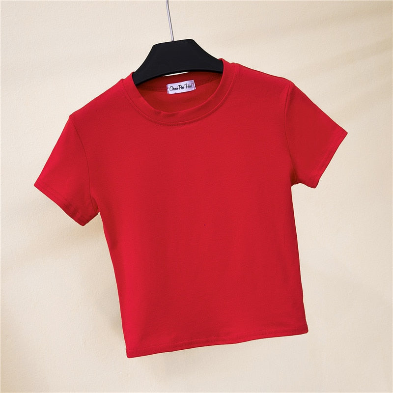 Crop Top Female Solid Cotton O-Neck Short Sleeve T-Shirt