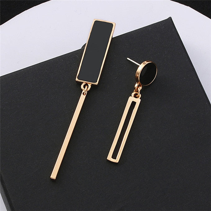 Long Statement Asymmetry Round Geometric Rectangle Black Crystal Earrings