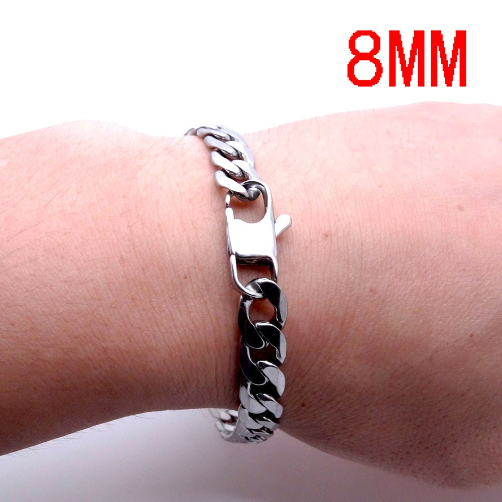 Men Women Stainless Steel Bracelet 6/8/12 mm 8 Inches Curb Chain Vintage