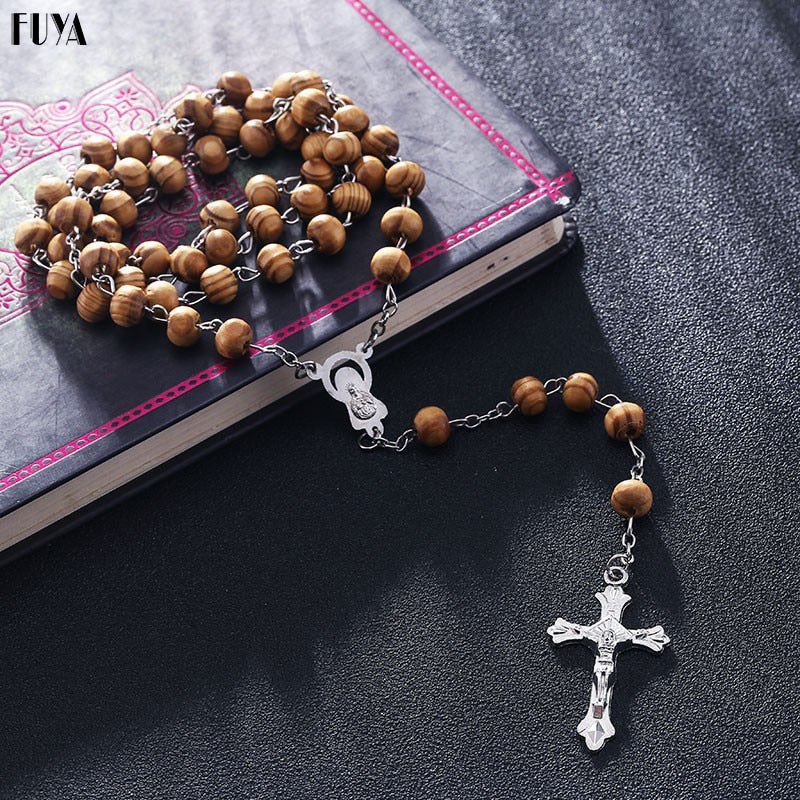 Rosary Wood Beads DIY Necklaces For Men Women Virgin Mary Jesus Christ Cross pendant