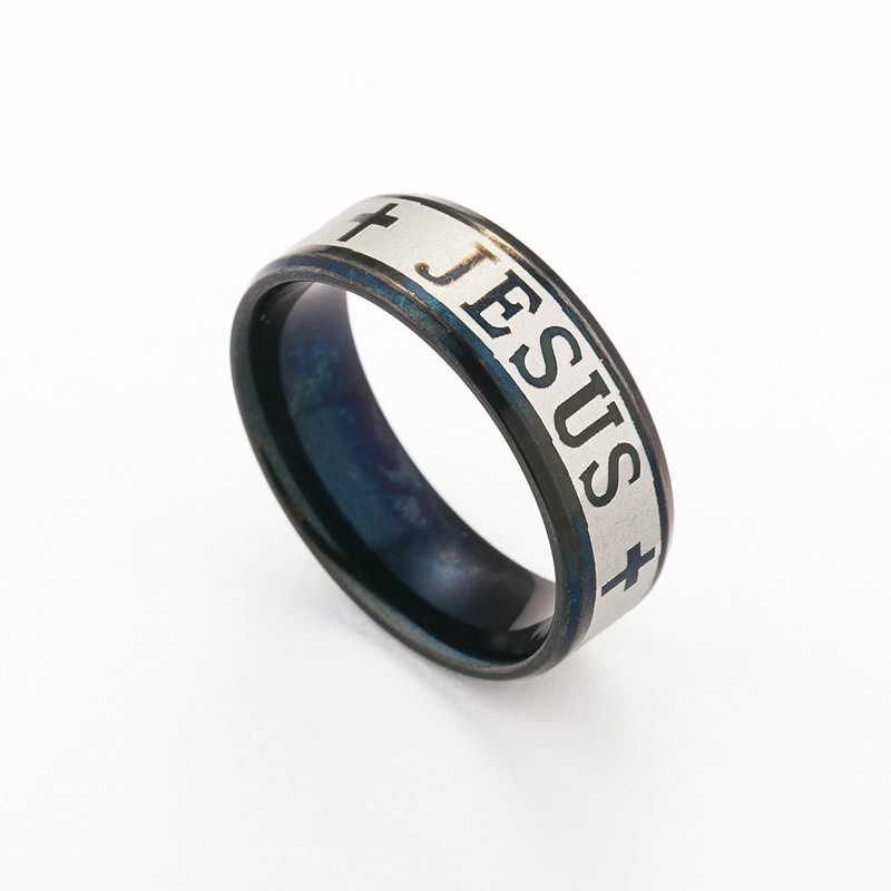 Stainless Steel Black Color Jesus Cross Letter Bible Ring