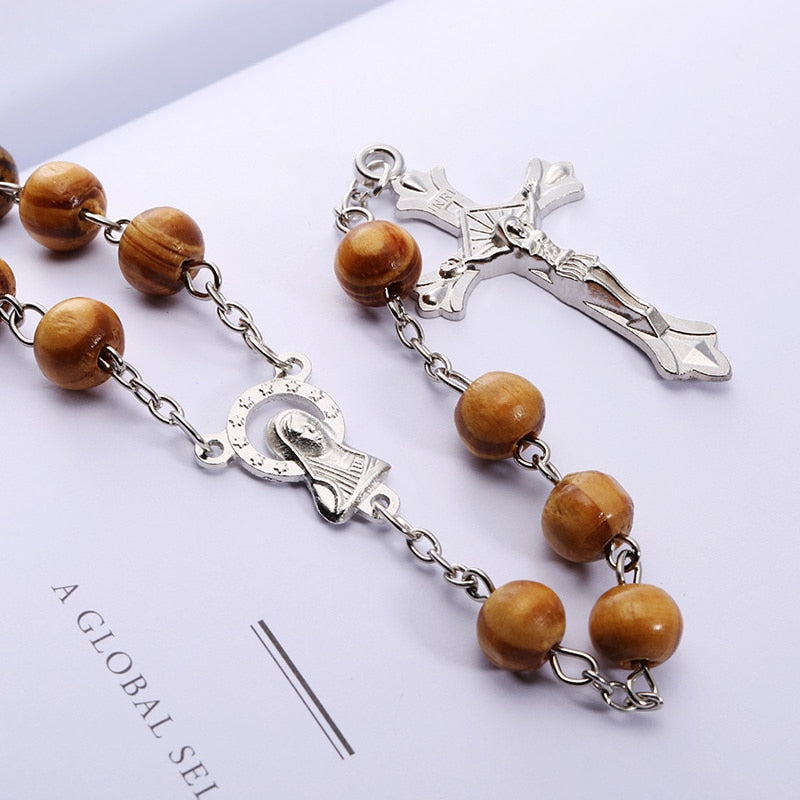 Rosary Wood Beads DIY Necklaces For Men Women Virgin Mary Jesus Christ Cross pendant