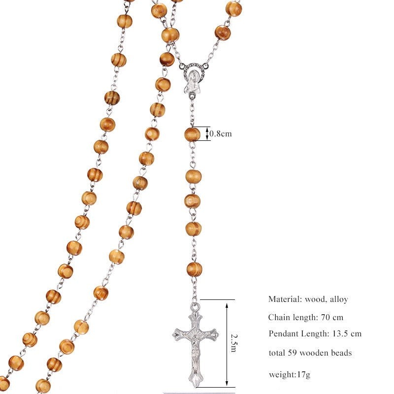 Rosary Wood Beads DIY Necklaces For Men Women Virgin Mary Jesus Christ Cross pendant