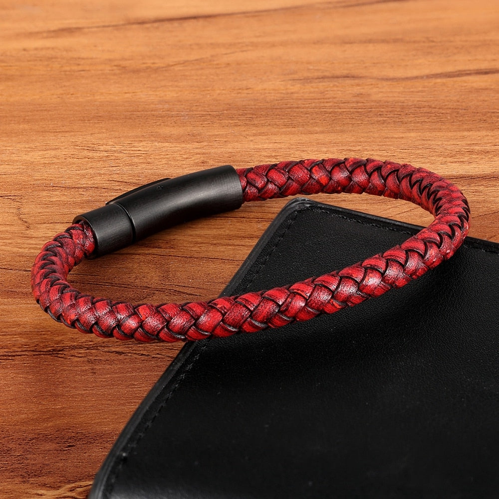 New Classic Style Black Stainless Steel Leather Bracelet