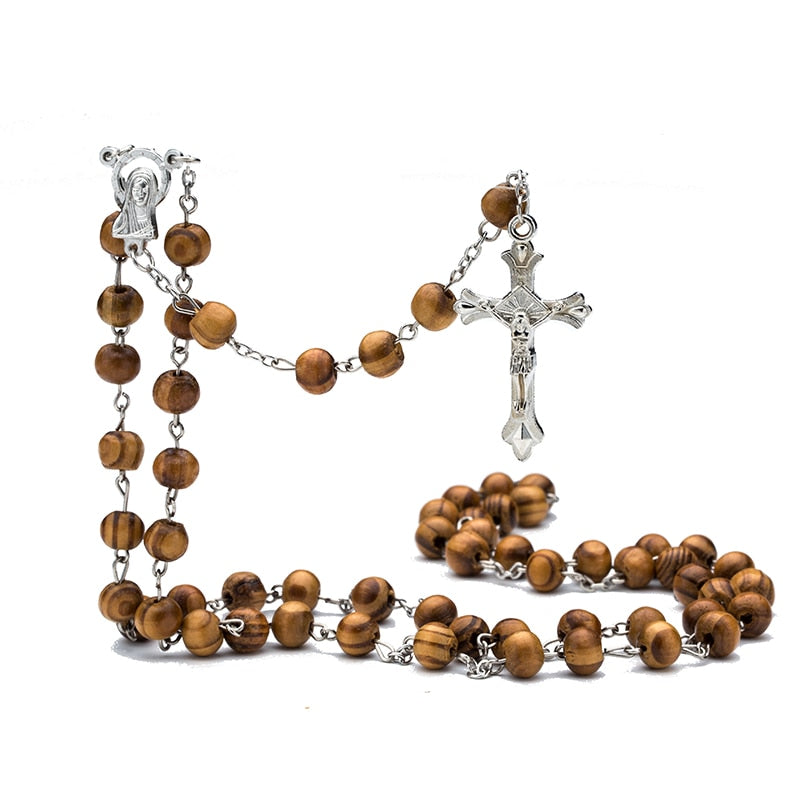 Rosary Wood Beads DIY Necklaces For Men Women Virgin Mary Jesus Christ Cross pendant