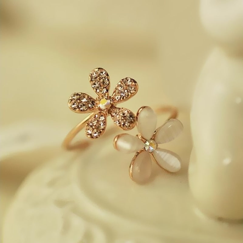 Opal Double Daisy Flower Adjustable Ring