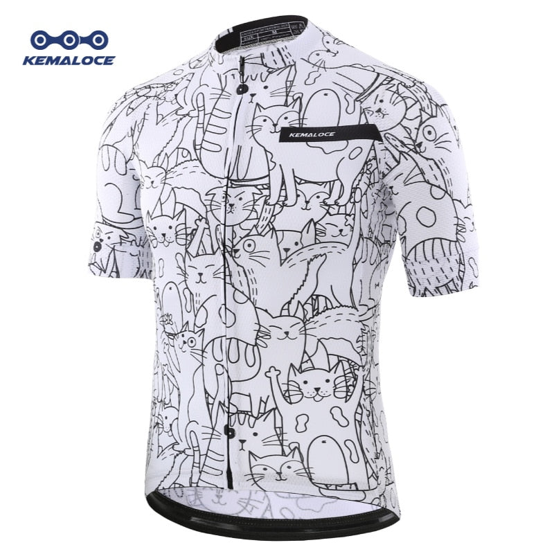 KEMALOCE Breathable Unisex White Cartoon Cat Cycling Jersey Spring