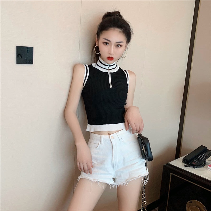 Turtleneck Tank Crop Tops Female Camisole Cropped Sleeveless Short T-shirts Tees
