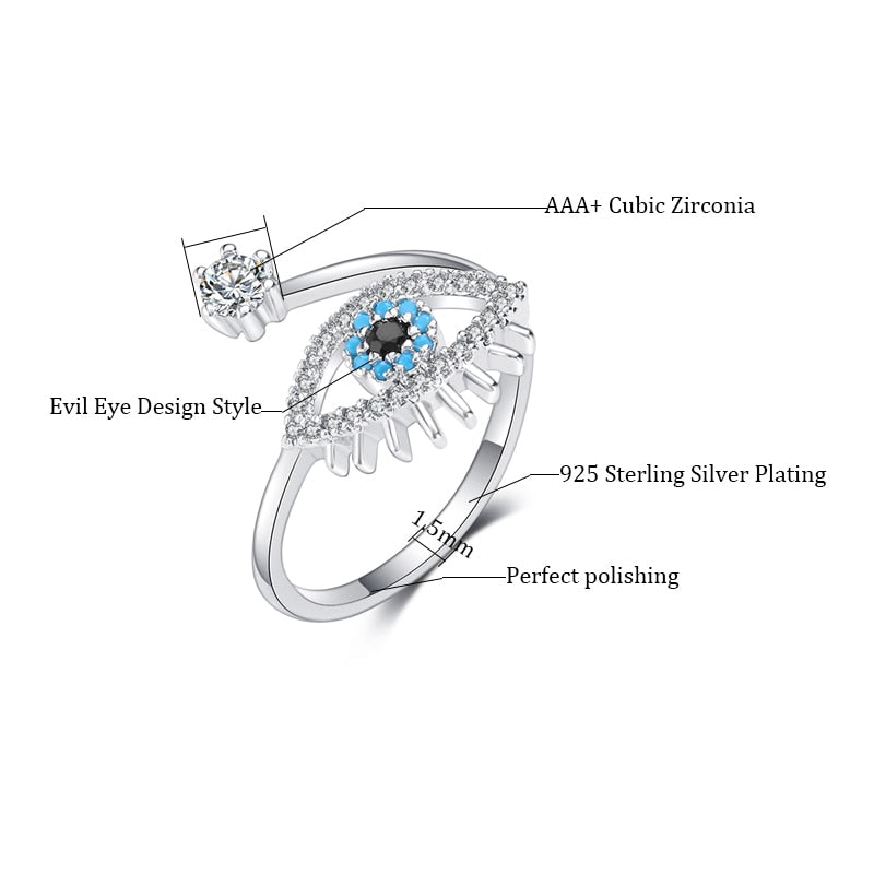 Fashion Cubic Zircon Classical Adjustable Evil Eye Open Ring