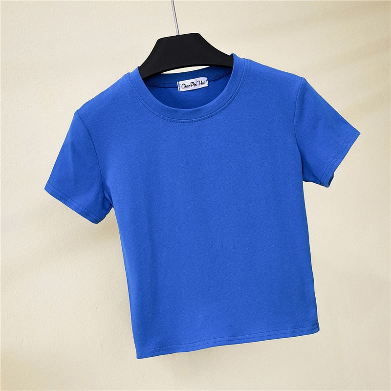 Crop Top Female Solid Cotton O-Neck Short Sleeve T-Shirt