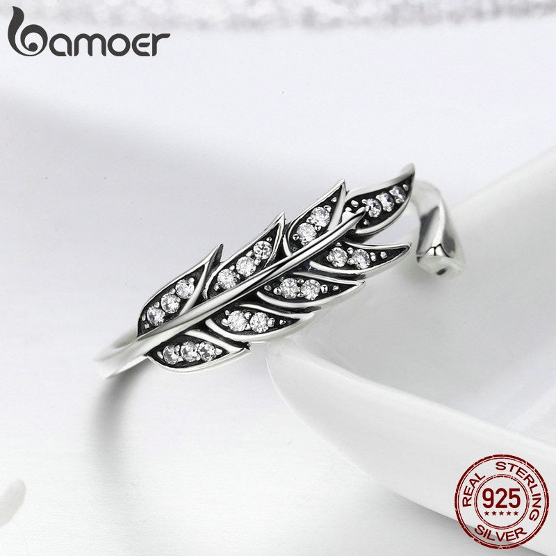 BAMOER 925 Sterling Silver Feather Wings Adjustable Finger Ring