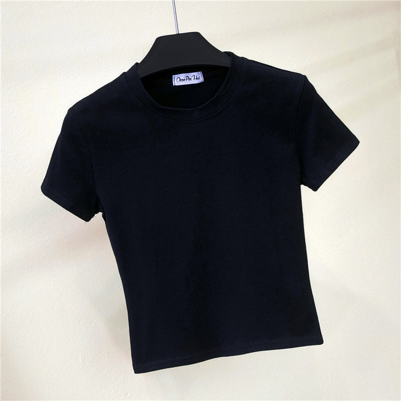 Crop Top Female Solid Cotton O-Neck Short Sleeve T-Shirt
