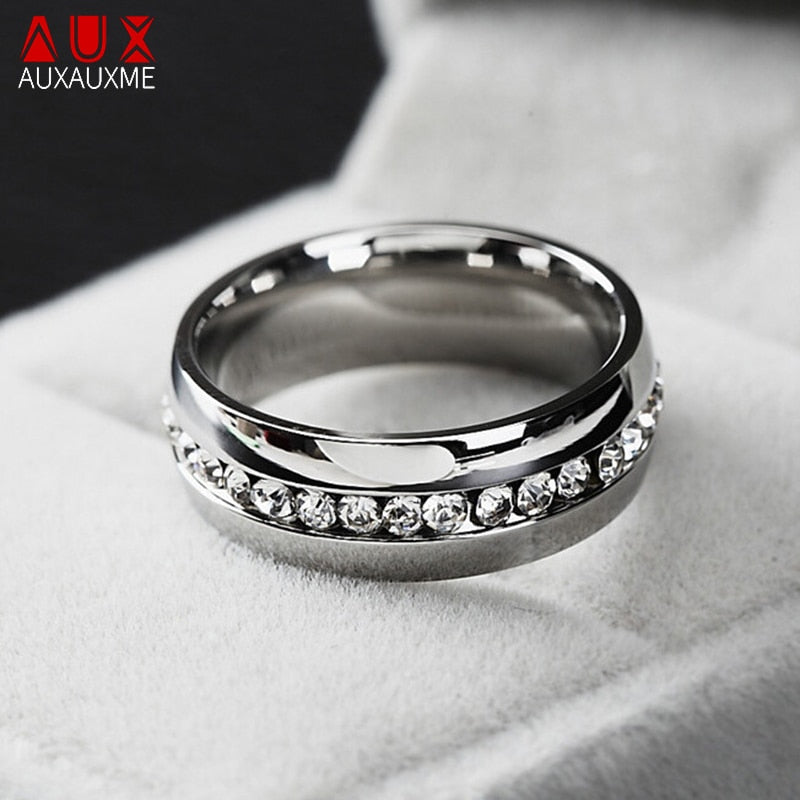 Auxauxme Bling CZ Stone Wedding Bands Rings Women Jewelry Golden Stainless Steel Simple Love Couple Ring Valentine's Day Gift