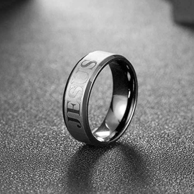 Stainless Steel Black Color Jesus Cross Letter Bible Ring