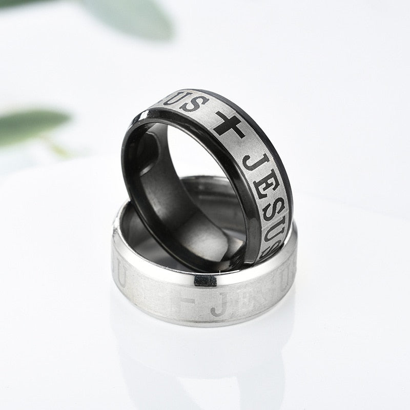 Stainless Steel Black Color Jesus Cross Letter Bible Ring